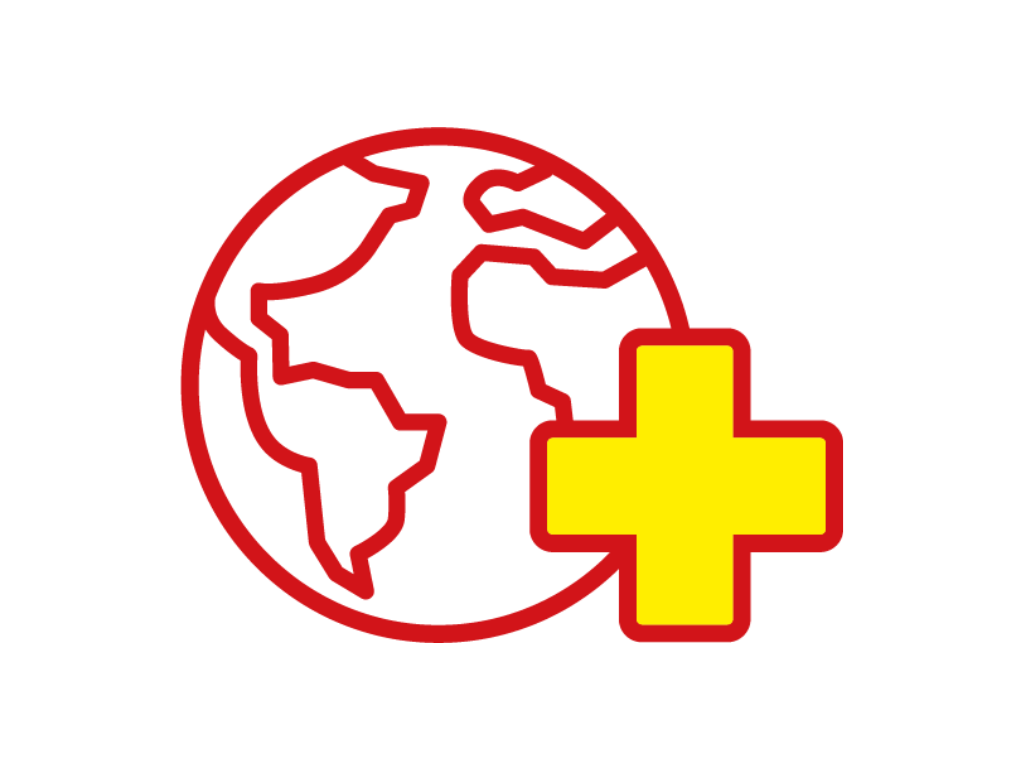 Auslandshilfe im ASB ASB-Icon Auslandshilfe : Globus mit Erste-Hilfe Kreuz, Hilfe weltweit.